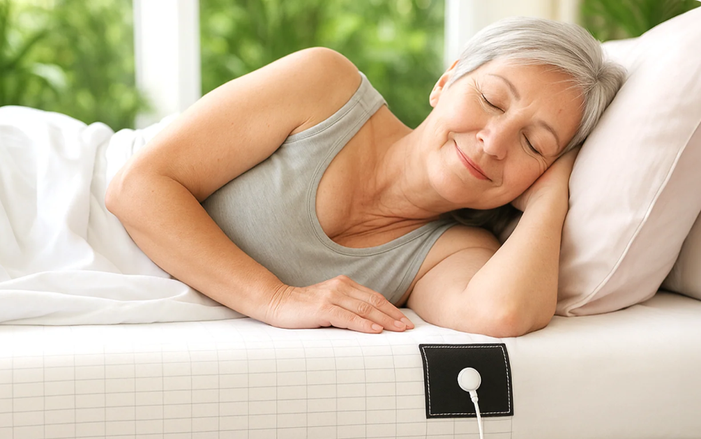 Woman sleeping peacefully on a bed with a sensor attached.